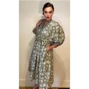 House of Sundar Maya Midi Olive Blockprint Dress Summer Days Floral Print Sz M
